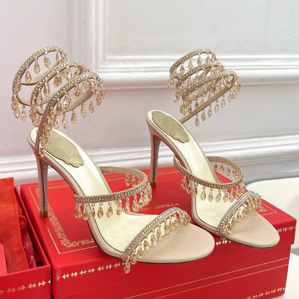 RC 25 Crystal Tassel High-Heeled Sandals Pink Nude Silk Crystal Diamond 251008