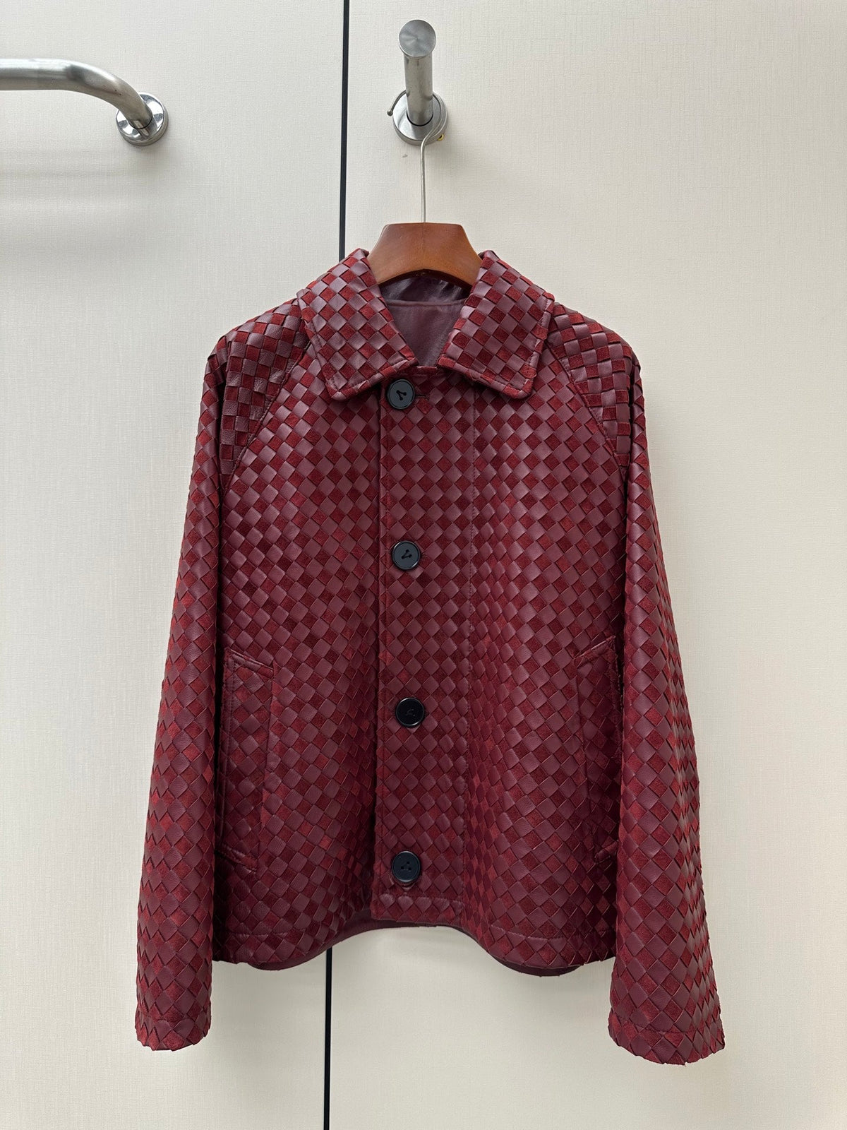 Bottega Veneta 2026 Intrecciato Jacket Burgundy Suede Leather 435115