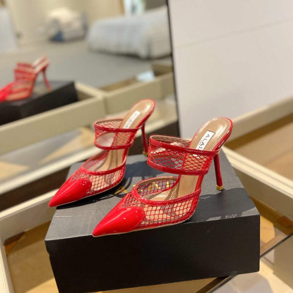 alaia mule 110 fishnet red heart lambskin