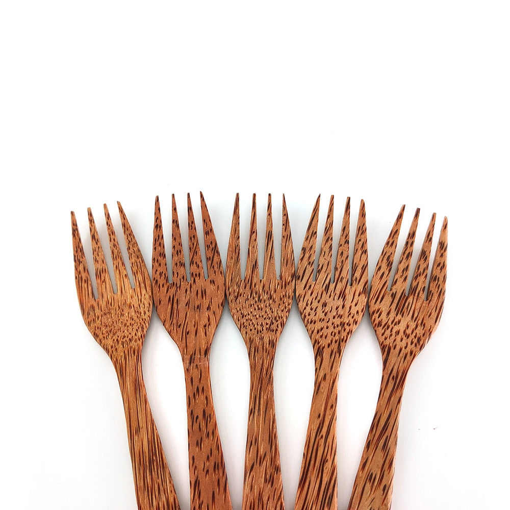 Natural Wooden Coconut Fork Spoon Set Organic Coconut Palm Wood Cutlery for Vegan Salad and Fruit - Perfect Match for Coconut Shell Bowls