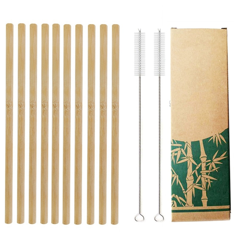 Natural Bamboo Straws with Cleaning Brush - Set of 10