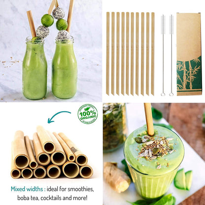 Natural Bamboo Straws with Cleaning Brush - Set of 10