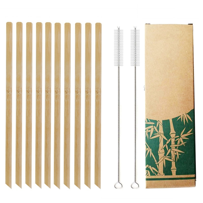 Natural Bamboo Straws with Cleaning Brush - Set of 10