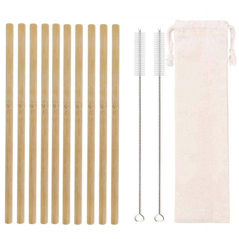 Natural Bamboo Straws with Cleaning Brush - Set of 10