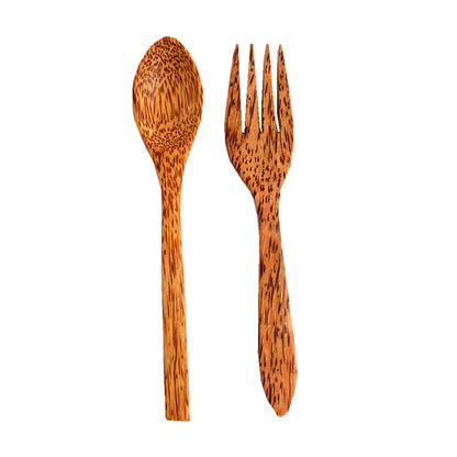 Natural Wooden Coconut Fork Spoon Set Organic Coconut Palm Wood Cutlery for Vegan Salad and Fruit - Perfect Match for Coconut Shell Bowls