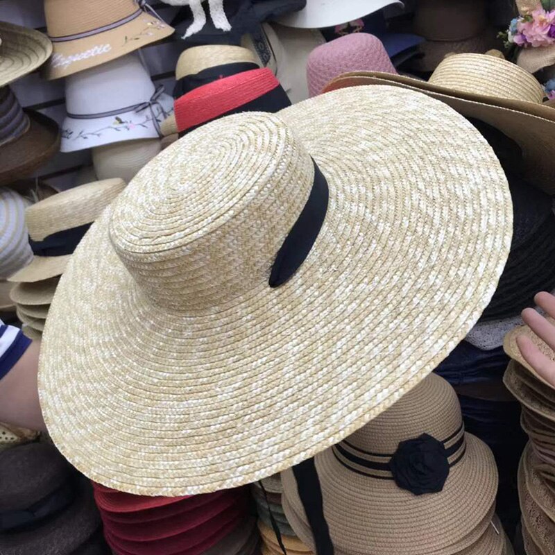 Women's Natural Wide Brim Wheat Straw Hat with Ribbon Tie - UV Protection