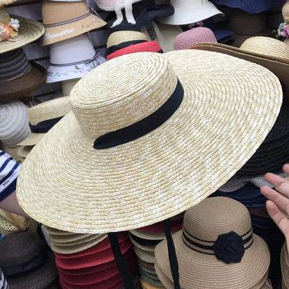 Women's Natural Wide Brim Wheat Straw Hat with Ribbon Tie - UV Protection