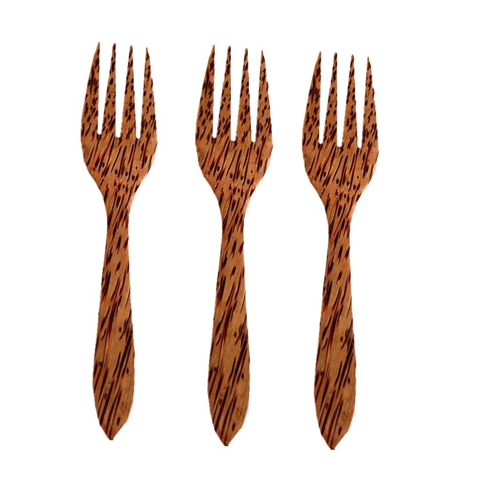 Natural Wooden Coconut Fork Spoon Set Organic Coconut Palm Wood Cutlery for Vegan Salad and Fruit - Perfect Match for Coconut Shell Bowls