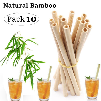 Natural Bamboo Straws with Cleaning Brush - Set of 10