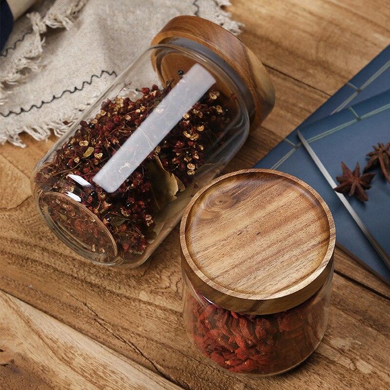 Wooden Lid Jar Organizer Glass Airtight Canister Kitchen Storage Bottles Sealed Food Container Ginger Cereal Dispenser Stash Cans - Earth Thanks - Wooden Lid Jar Organizer Glass Airtight Canister Kitchen Storage Bottles Sealed Food Container Ginger Cereal Dispenser Stash Cans - natural, vegan, eco-friendly, organic, sustainable, biodegradable, natural, non-toxic, plastic-free, wood, wooden