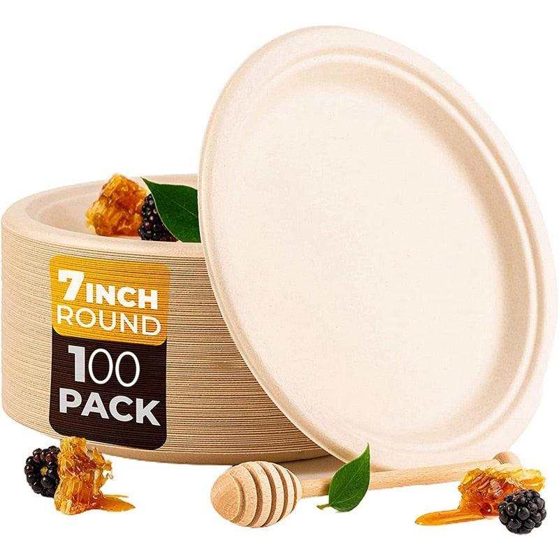 7In 100 pcs Compostable Disposable Round Bagasse Paper Plates Biodegradable Sugarcane Fibre Cake Fruit Nut Snack Dishes - Earth Thanks - 7In 100 pcs Compostable Disposable Round Bagasse Paper Plates Biodegradable Sugarcane Fibre Cake Fruit Nut Snack Dishes - natural, vegan, eco-friendly, organic, sustainable, biodegradable, natural, non-toxic, paper, plastic-free, vegan