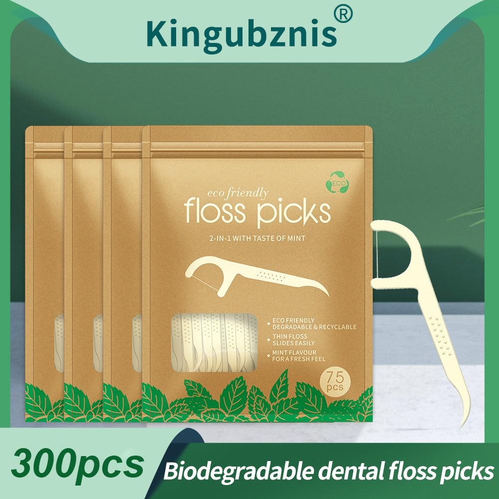 Biodegradable Dental Flosser Vegan Toothpick with Threads Ultra-Thin Eco Friendly Dental Floss Picks Clean Between Teeth 300pcs - Earth Thanks - Biodegradable Dental Flosser Vegan Toothpick with Threads Ultra-Thin Eco Friendly Dental Floss Picks Clean Between Teeth 300pcs - natural, vegan, eco-friendly, organic, sustainable, biodegradable, clean teeth, natural, non-toxic, plastic-free, teeth, tooth, toothbrush, vegan