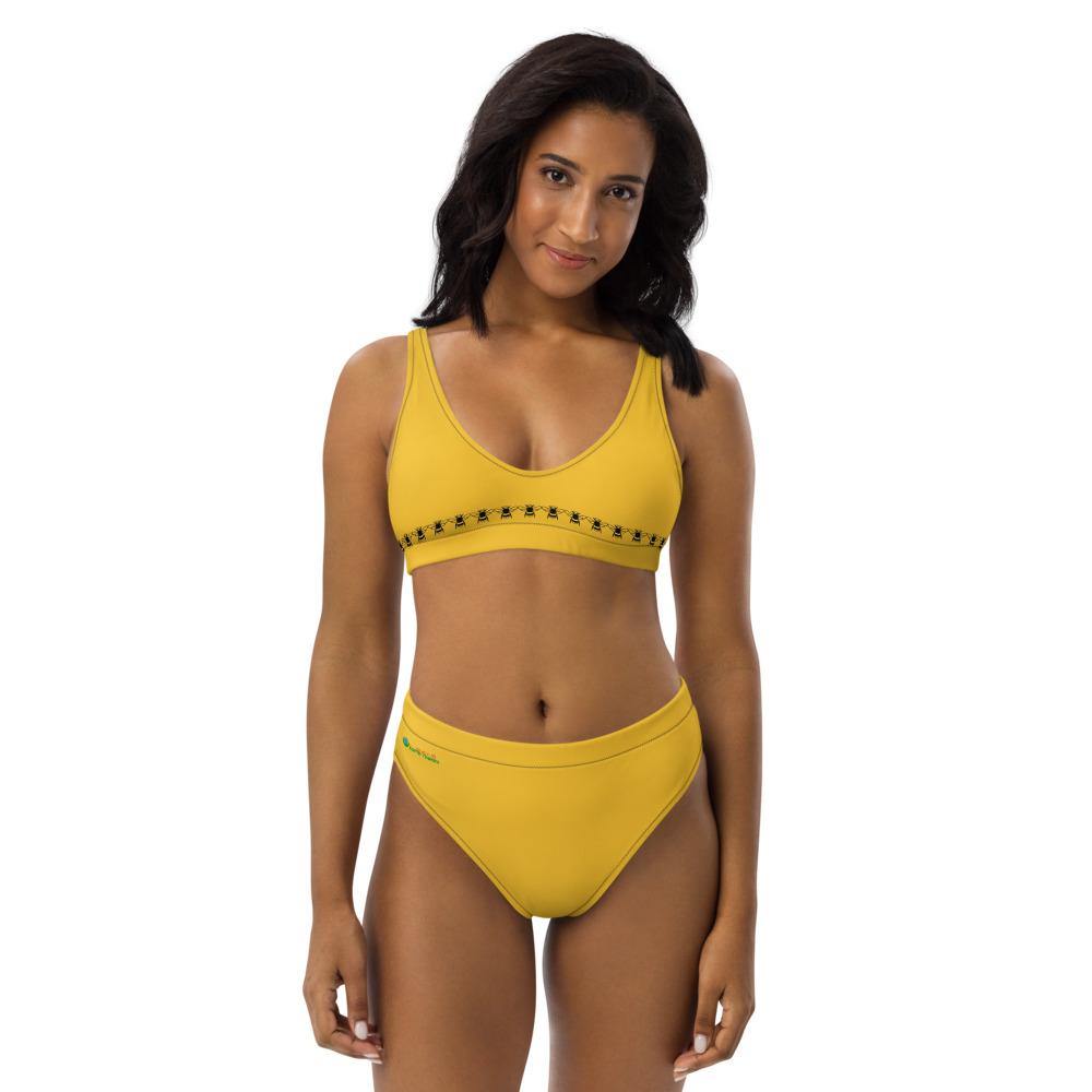 Recycled High-waisted Yellow Bees Bikini - Earth Thanks - Recycled High-waisted Yellow Bees Bikini - natural, vegan, eco-friendly, organic, sustainable, accessories, apparel, beach, beach wear, beachwear, bees, bikini, sea, summer, swim, swimming pool