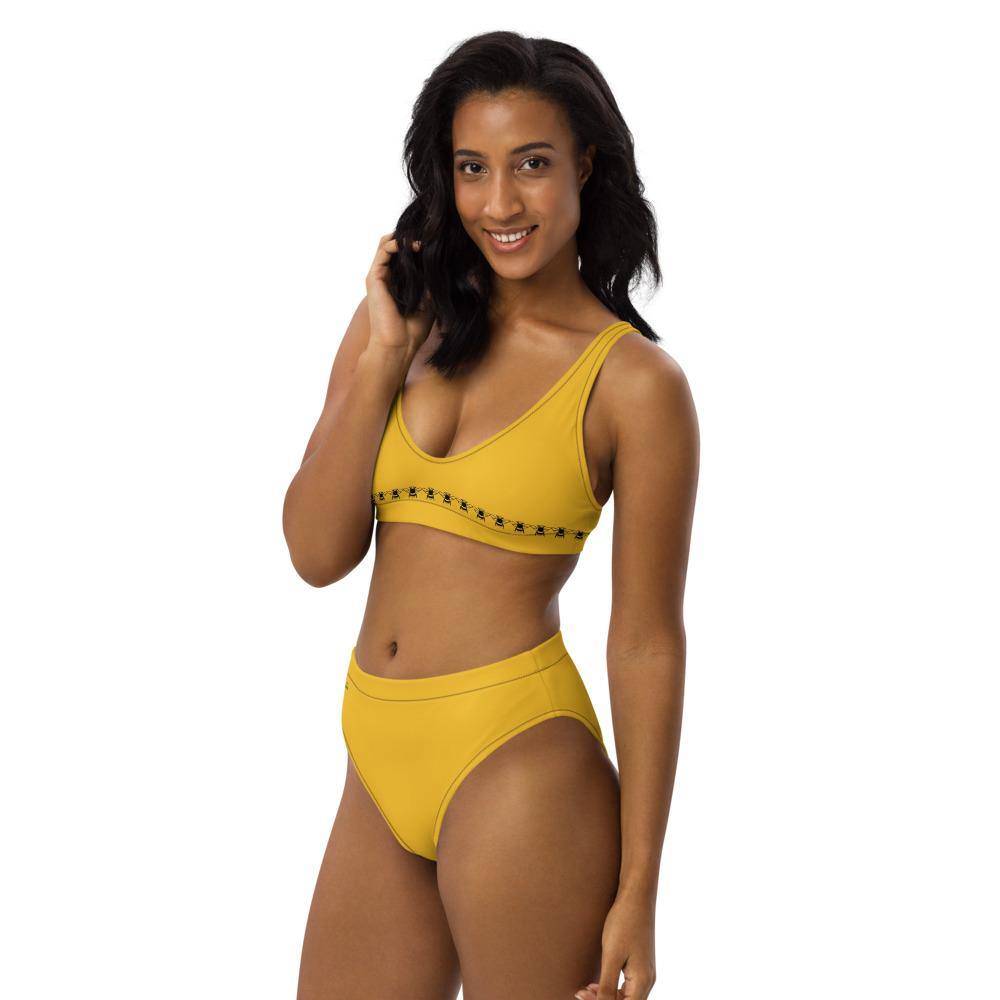 Recycled High-waisted Yellow Bees Bikini - Earth Thanks - Recycled High-waisted Yellow Bees Bikini - natural, vegan, eco-friendly, organic, sustainable, accessories, apparel, beach, beach wear, beachwear, bees, bikini, sea, summer, swim, swimming pool