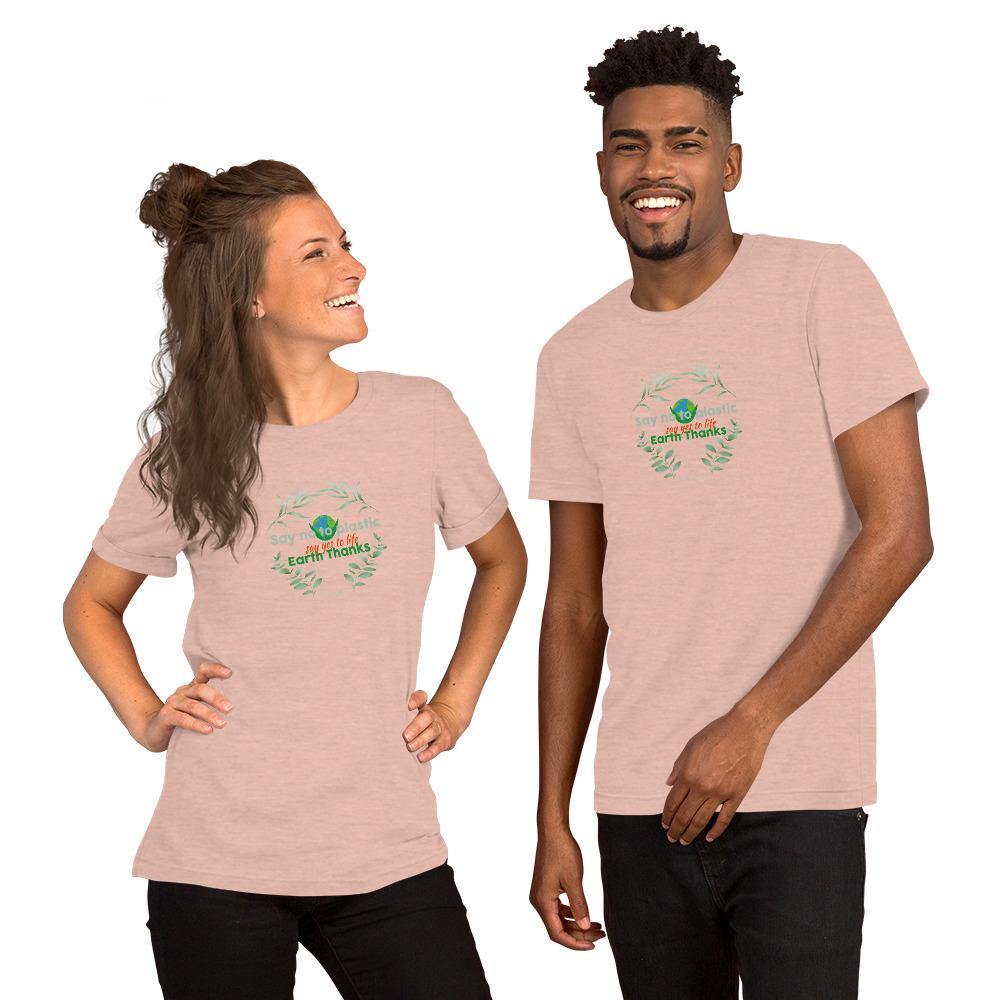 Say no to plastic, say yes to life! Short-Sleeve Unisex T-Shirt - Earth Thanks - Say no to plastic, say yes to life! Short-Sleeve Unisex T-Shirt - natural, vegan, eco-friendly, organic, sustainable, apparel, city wear, clothes, compostable, cotton, fashion, garment, man, men, non toxic, organic, organic cotton, recyclable, recycle, recycle friendly, reusable, soft, unisex, vegan friendly, wardrobe, woman, women