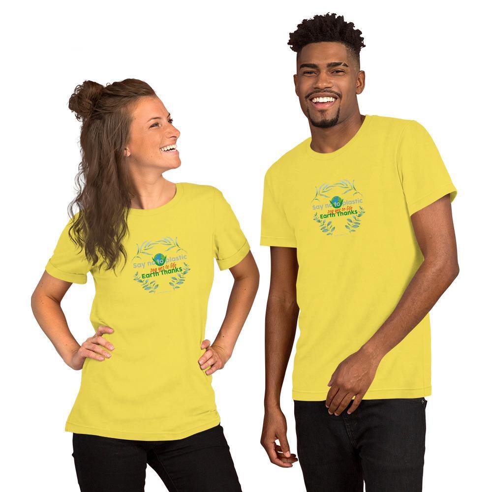 Say no to plastic, say yes to life! Short-Sleeve Unisex T-Shirt - Earth Thanks - Say no to plastic, say yes to life! Short-Sleeve Unisex T-Shirt - natural, vegan, eco-friendly, organic, sustainable, apparel, city wear, clothes, compostable, cotton, fashion, garment, man, men, non toxic, organic, organic cotton, recyclable, recycle, recycle friendly, reusable, soft, unisex, vegan friendly, wardrobe, woman, women