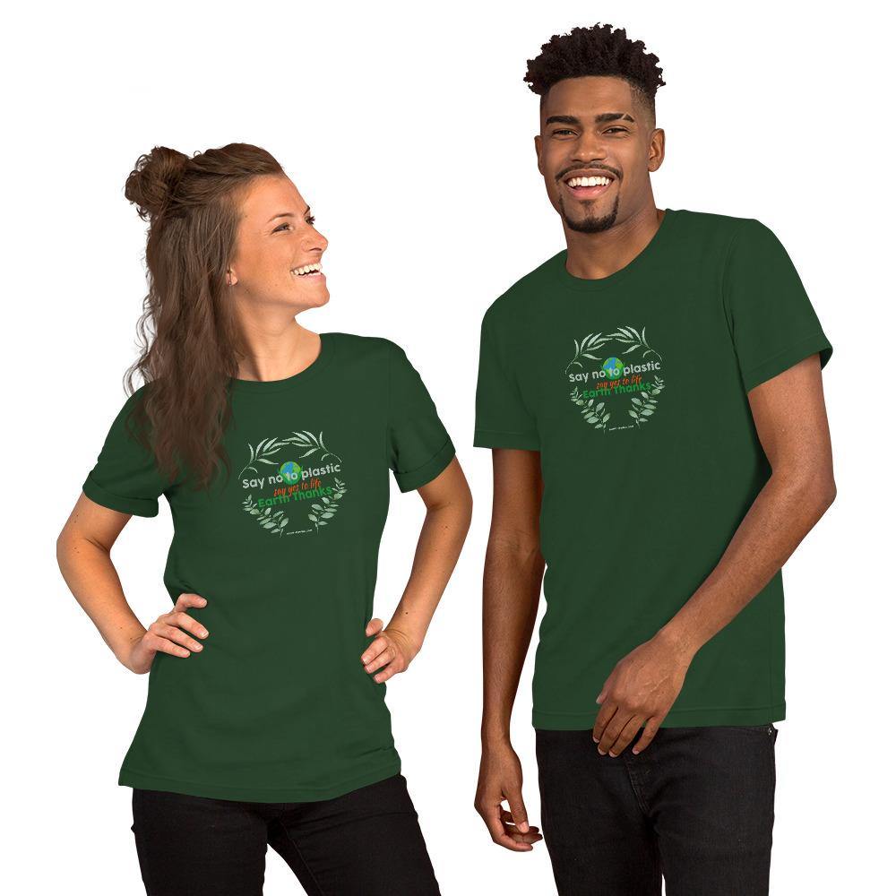 Say no to plastic, say yes to life! Short-Sleeve Unisex T-Shirt - Earth Thanks - Say no to plastic, say yes to life! Short-Sleeve Unisex T-Shirt - natural, vegan, eco-friendly, organic, sustainable, apparel, city wear, clothes, compostable, cotton, fashion, garment, man, men, non toxic, organic, organic cotton, recyclable, recycle, recycle friendly, reusable, soft, unisex, vegan friendly, wardrobe, woman, women