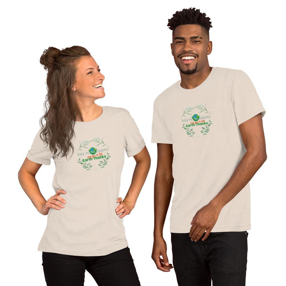 Say no to plastic, say yes to life! Short-Sleeve Unisex T-Shirt - Earth Thanks - Say no to plastic, say yes to life! Short-Sleeve Unisex T-Shirt - natural, vegan, eco-friendly, organic, sustainable, apparel, city wear, clothes, compostable, cotton, fashion, garment, man, men, non toxic, organic, organic cotton, recyclable, recycle, recycle friendly, reusable, soft, unisex, vegan friendly, wardrobe, woman, women