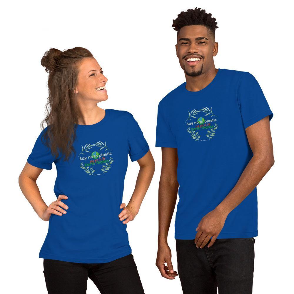 Say no to plastic, say yes to life! Short-Sleeve Unisex T-Shirt - Earth Thanks - Say no to plastic, say yes to life! Short-Sleeve Unisex T-Shirt - natural, vegan, eco-friendly, organic, sustainable, apparel, city wear, clothes, compostable, cotton, fashion, garment, man, men, non toxic, organic, organic cotton, recyclable, recycle, recycle friendly, reusable, soft, unisex, vegan friendly, wardrobe, woman, women