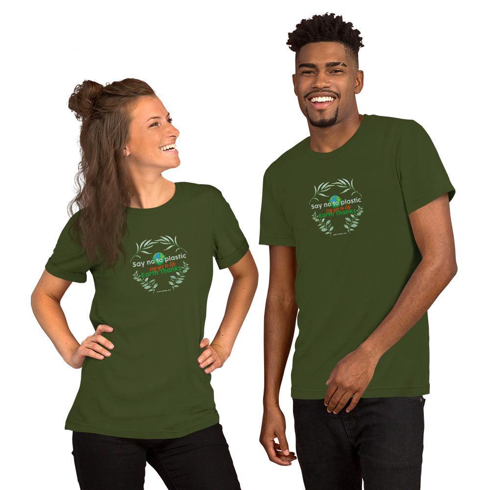 Say no to plastic, say yes to life! Short-Sleeve Unisex T-Shirt - Earth Thanks - Say no to plastic, say yes to life! Short-Sleeve Unisex T-Shirt - natural, vegan, eco-friendly, organic, sustainable, apparel, city wear, clothes, compostable, cotton, fashion, garment, man, men, non toxic, organic, organic cotton, recyclable, recycle, recycle friendly, reusable, soft, unisex, vegan friendly, wardrobe, woman, women