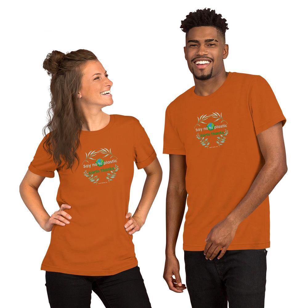 Say no to plastic, say yes to life! Short-Sleeve Unisex T-Shirt - Earth Thanks - Say no to plastic, say yes to life! Short-Sleeve Unisex T-Shirt - natural, vegan, eco-friendly, organic, sustainable, apparel, city wear, clothes, compostable, cotton, fashion, garment, man, men, non toxic, organic, organic cotton, recyclable, recycle, recycle friendly, reusable, soft, unisex, vegan friendly, wardrobe, woman, women