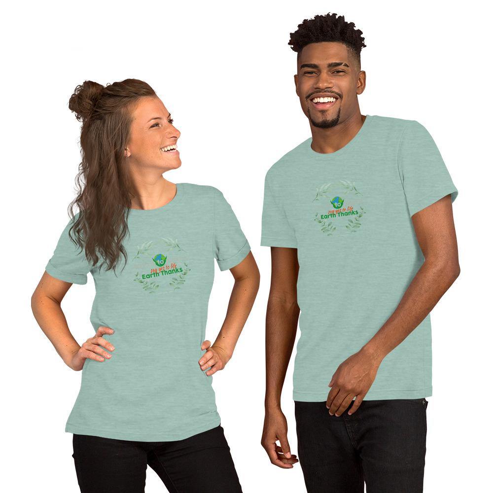 Say no to plastic, say yes to life! Short-Sleeve Unisex T-Shirt - Earth Thanks - Say no to plastic, say yes to life! Short-Sleeve Unisex T-Shirt - natural, vegan, eco-friendly, organic, sustainable, apparel, city wear, clothes, compostable, cotton, fashion, garment, man, men, non toxic, organic, organic cotton, recyclable, recycle, recycle friendly, reusable, soft, unisex, vegan friendly, wardrobe, woman, women