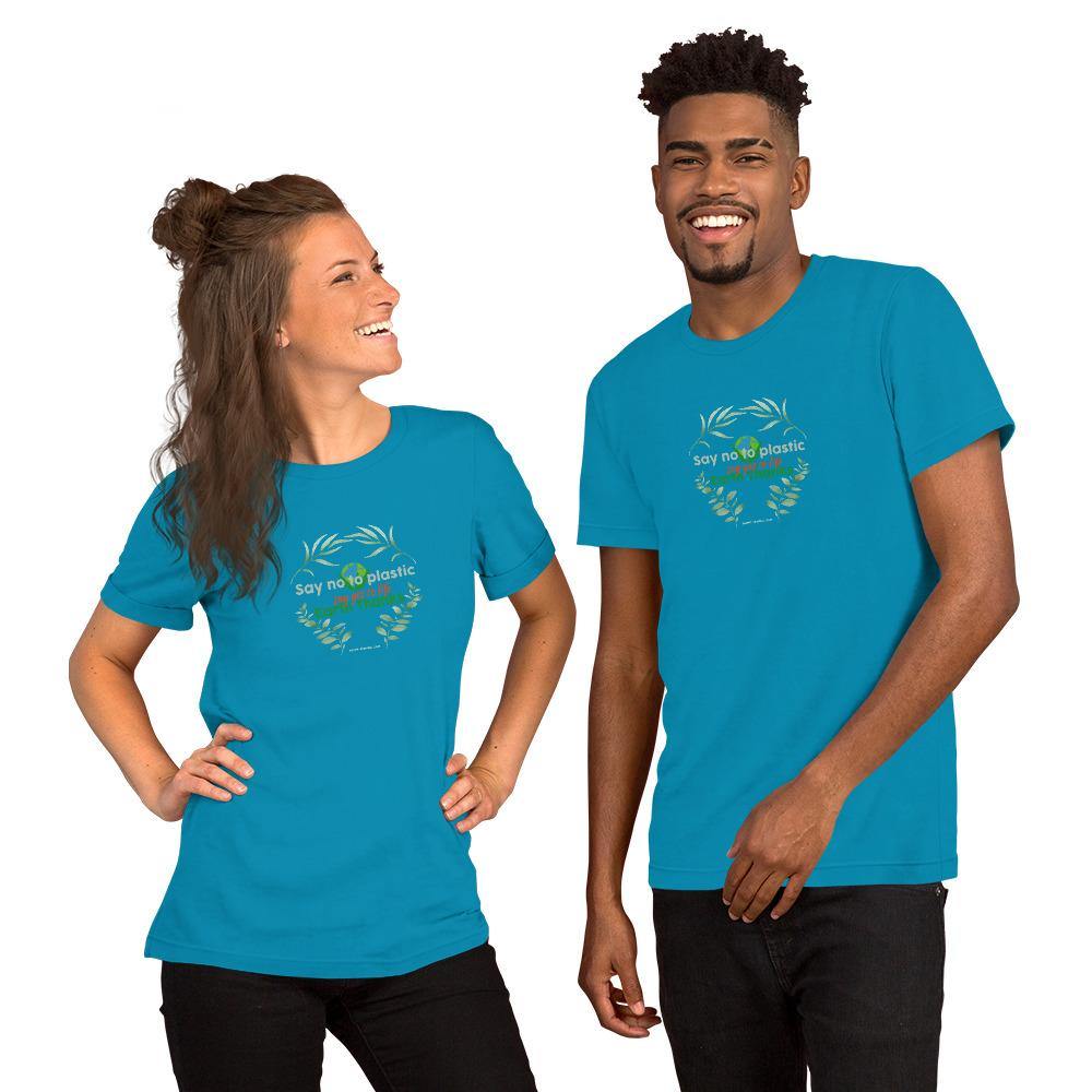 Say no to plastic, say yes to life! Short-Sleeve Unisex T-Shirt - Earth Thanks - Say no to plastic, say yes to life! Short-Sleeve Unisex T-Shirt - natural, vegan, eco-friendly, organic, sustainable, apparel, city wear, clothes, compostable, cotton, fashion, garment, man, men, non toxic, organic, organic cotton, recyclable, recycle, recycle friendly, reusable, soft, unisex, vegan friendly, wardrobe, woman, women