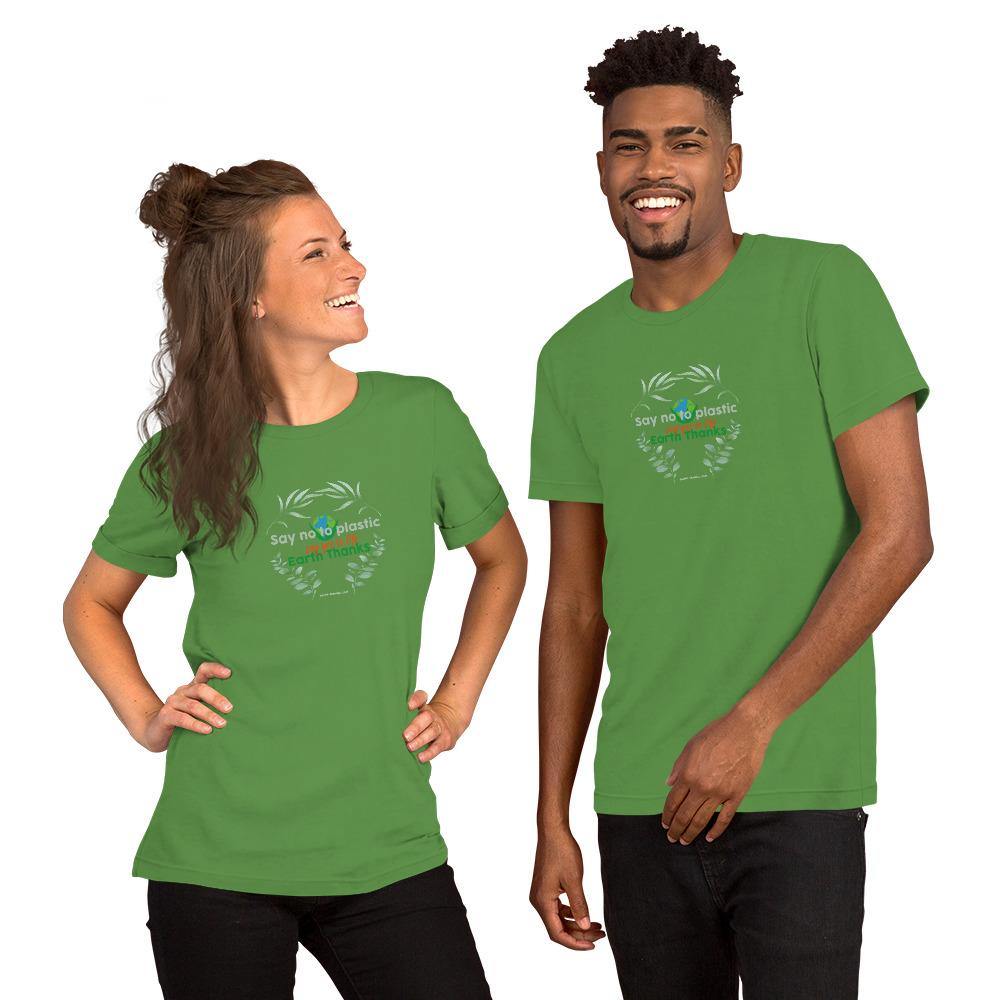 Say no to plastic, say yes to life! Short-Sleeve Unisex T-Shirt - Earth Thanks - Say no to plastic, say yes to life! Short-Sleeve Unisex T-Shirt - natural, vegan, eco-friendly, organic, sustainable, apparel, city wear, clothes, compostable, cotton, fashion, garment, man, men, non toxic, organic, organic cotton, recyclable, recycle, recycle friendly, reusable, soft, unisex, vegan friendly, wardrobe, woman, women