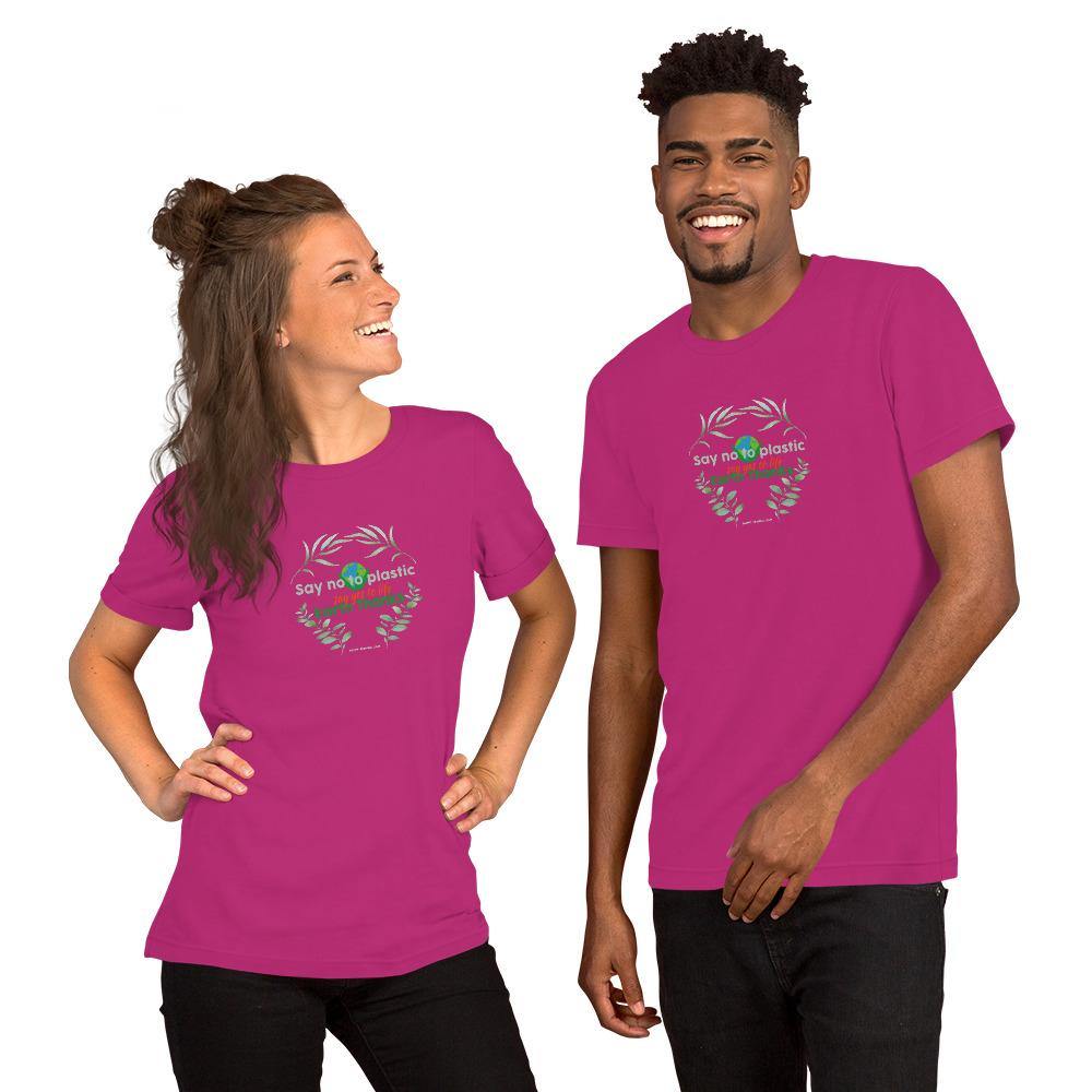Say no to plastic, say yes to life! Short-Sleeve Unisex T-Shirt - Earth Thanks - Say no to plastic, say yes to life! Short-Sleeve Unisex T-Shirt - natural, vegan, eco-friendly, organic, sustainable, apparel, city wear, clothes, compostable, cotton, fashion, garment, man, men, non toxic, organic, organic cotton, recyclable, recycle, recycle friendly, reusable, soft, unisex, vegan friendly, wardrobe, woman, women