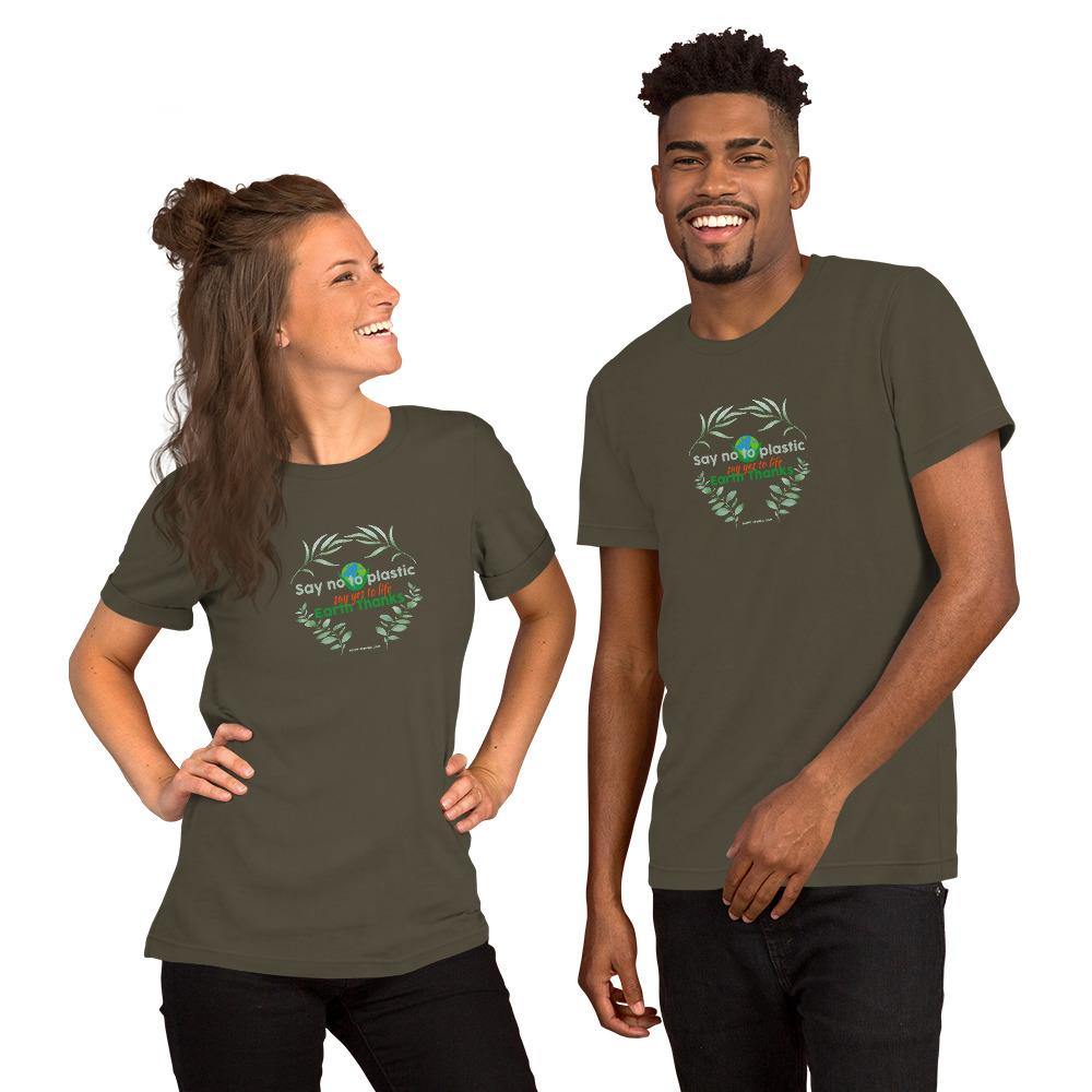 Say no to plastic, say yes to life! Short-Sleeve Unisex T-Shirt - Earth Thanks - Say no to plastic, say yes to life! Short-Sleeve Unisex T-Shirt - natural, vegan, eco-friendly, organic, sustainable, apparel, city wear, clothes, compostable, cotton, fashion, garment, man, men, non toxic, organic, organic cotton, recyclable, recycle, recycle friendly, reusable, soft, unisex, vegan friendly, wardrobe, woman, women