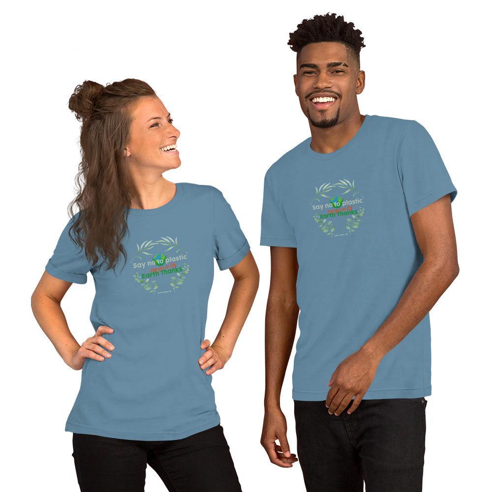 Say no to plastic, say yes to life! Short-Sleeve Unisex T-Shirt - Earth Thanks - Say no to plastic, say yes to life! Short-Sleeve Unisex T-Shirt - natural, vegan, eco-friendly, organic, sustainable, apparel, city wear, clothes, compostable, cotton, fashion, garment, man, men, non toxic, organic, organic cotton, recyclable, recycle, recycle friendly, reusable, soft, unisex, vegan friendly, wardrobe, woman, women