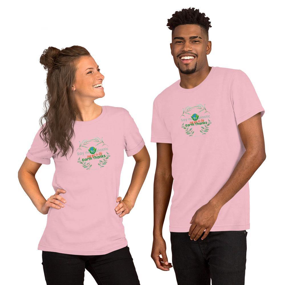Say no to plastic, say yes to life! Short-Sleeve Unisex T-Shirt - Earth Thanks - Say no to plastic, say yes to life! Short-Sleeve Unisex T-Shirt - natural, vegan, eco-friendly, organic, sustainable, apparel, city wear, clothes, compostable, cotton, fashion, garment, man, men, non toxic, organic, organic cotton, recyclable, recycle, recycle friendly, reusable, soft, unisex, vegan friendly, wardrobe, woman, women