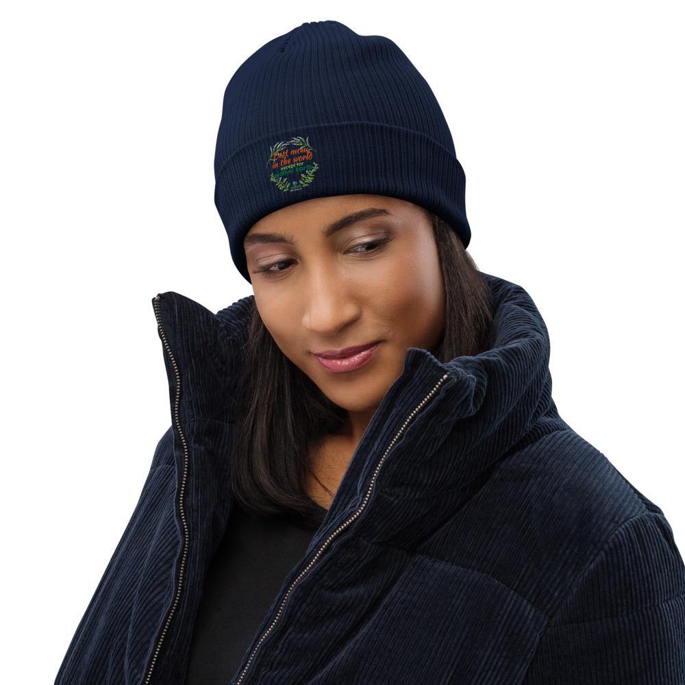 Best Mom in the World - Organic ribbed beanie - Earth Thanks - Best Mom in the World - Organic ribbed beanie - accessories, apparel, beanie, eco-fashion, hat, non toxic, organic cotton, outdoor, portable, recyclable, recycle friendly, reusable, stylish, travel, unisex