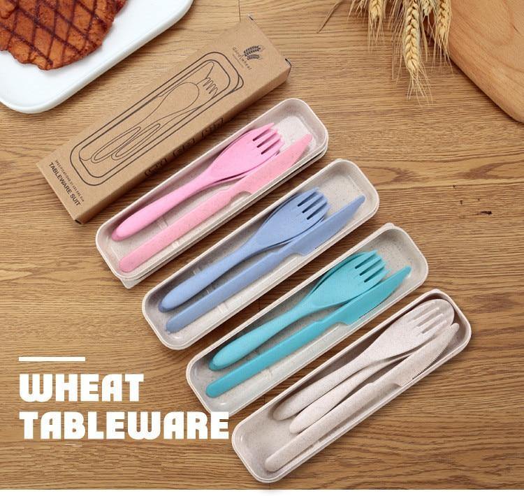 Portable Wheat Straw Cutlery Set of 3 - Earth Thanks - Portable Wheat Straw Cutlery Set of 3 - natural, vegan, eco-friendly, organic, sustainable, compostable, cutlery, food, home, kitchen, kitchen ware, kitchenware, lunch, natural, non toxic, outdoor, plastic, portable, recyclable, recycle, recycle friendly, reusable, travel, vegan friendly, wheat straw